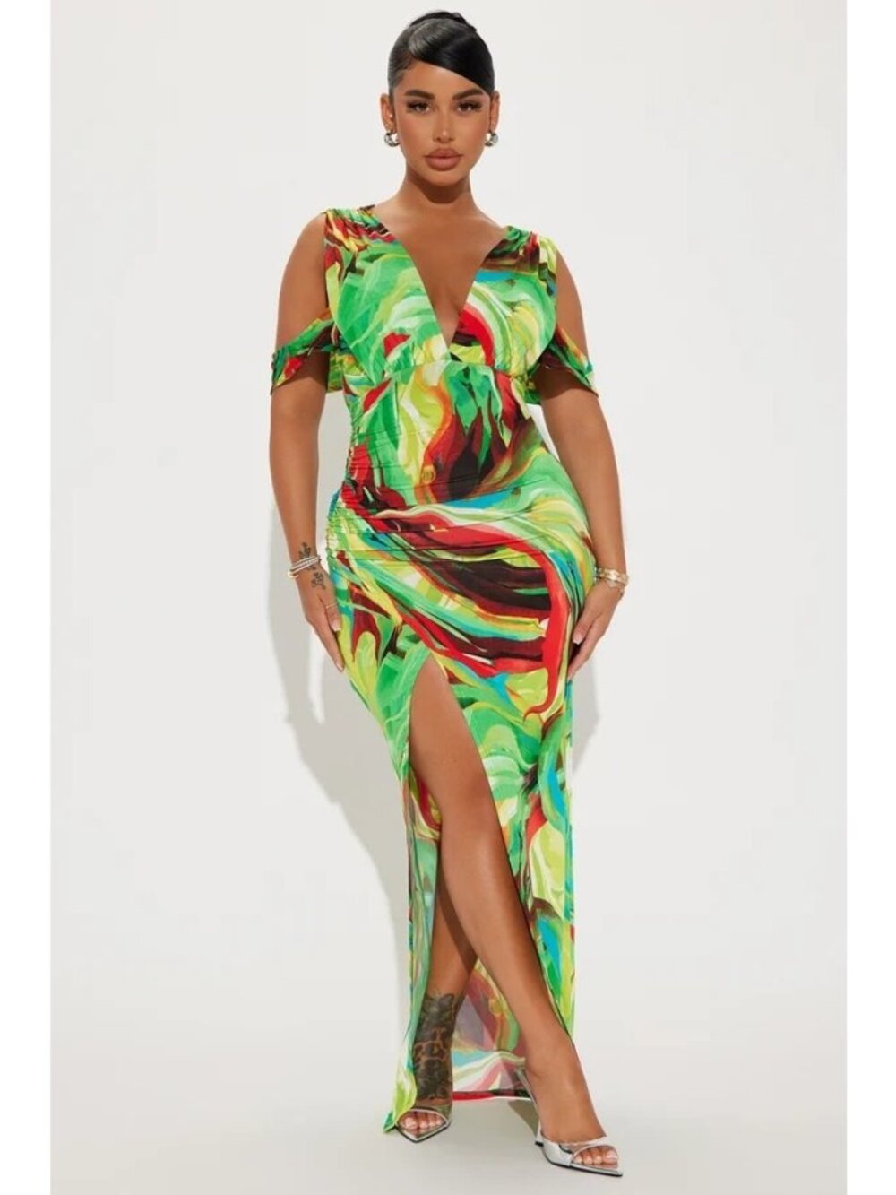 Fashion Nova Tropical Vacation Maxi Dress Size 3X Green Multi-Color Deep V Neck